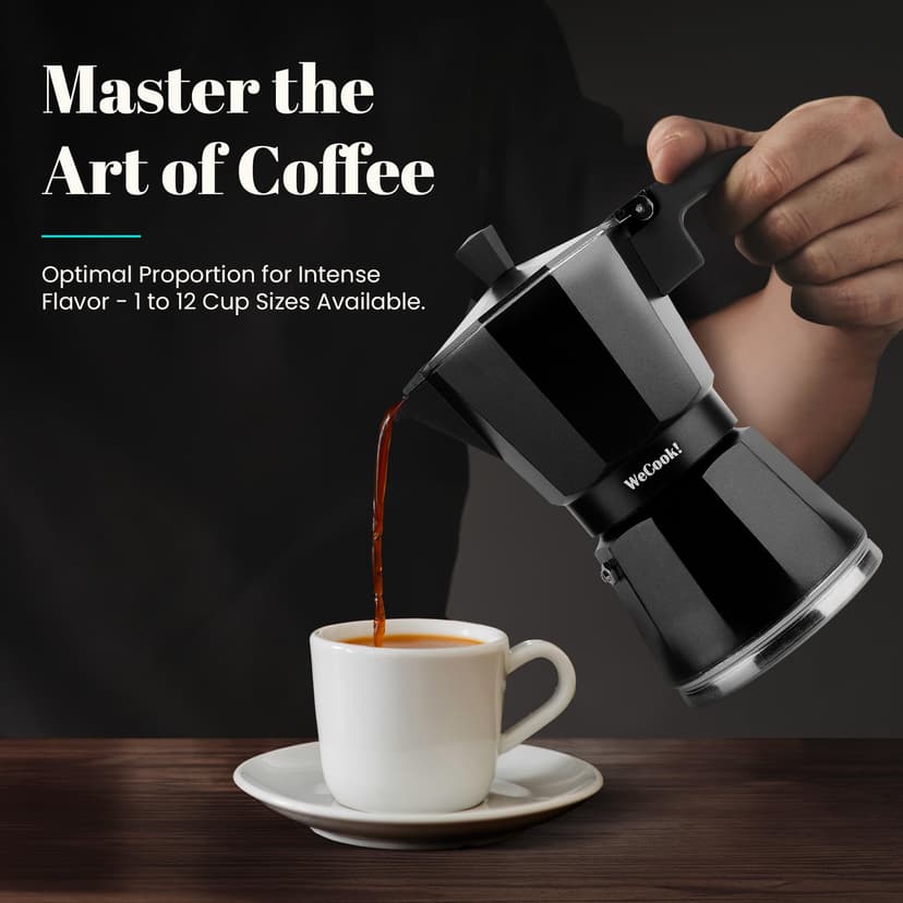 WECOOK! Luccia Italian Coffee Maker, Induction, Aluminium, Express, 1 – 3 Cups Coffee, Suitable for All Kitchens, Black, Silicone Seal Seal, Safety Valve. - 2