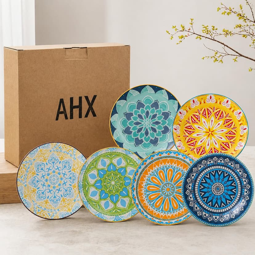 AHX Pasta Bowls Set of 6, 23 oz Shallow Ceramic Bowls for Pasta, Salad, Soup & More - Microwave, Dishwasher & Oven Safe - Colorful Pasta Bowls - 8