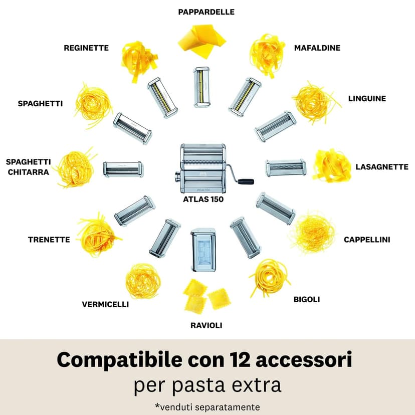 Marcato Pasta Machine, Pasta Maker, Pasta Roller for Handmade Fresh Pasta, Made in Italy, Chromed Steel, for Lasagna, Fettuccine, Tagliolini, Compatible with 11 Extra Pasta Shapes. Model: Atlas 150 - 5