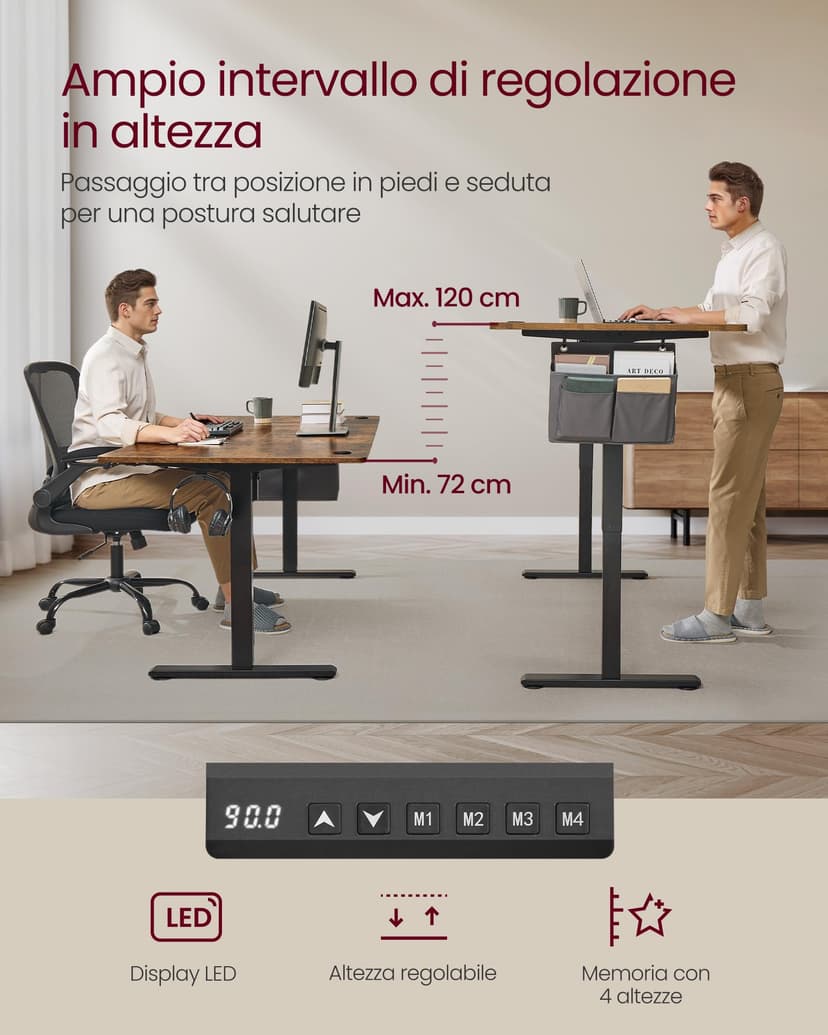 SONGMICS Bureau Électrique Réglable en Hauteur, 180 x 80 cm, Table Assis-Debout, Fonction Mémoire 4 Hauteurs, pour Bureau, Télétravail, Marron Rustique LSD138K01 - 4