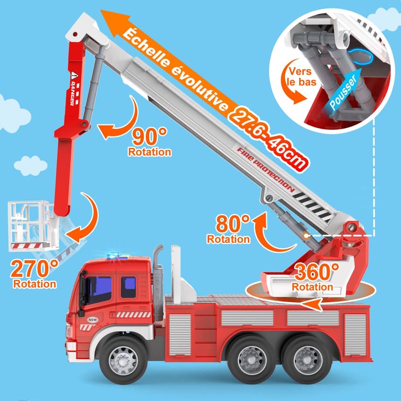 GizmoVine Gros Camion de Pompier, Véhicule Pompiers XXL avec Échelle, Sonore et Lumineux, Grand Realiste Maquette Camions, Voiture à Friction Jouet, Cadeau Enfant 3 4 5 6 7 8 Ans - Rouge - 5