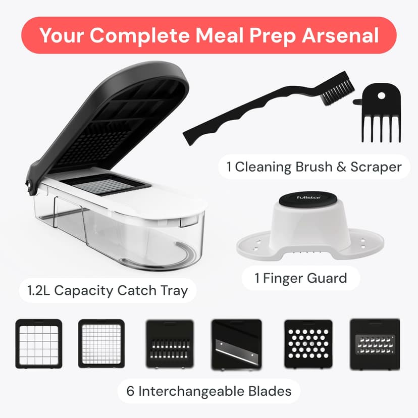 Fullstar Vegetable Chopper & Mandoline Slicer - Julienne Cutter Dicer Grater for Food Veg Onion Cucumber Tomato Salad Potato Cheese - Kitchen Gadgets & Accessories (Compact 6-in-1, White) - 9