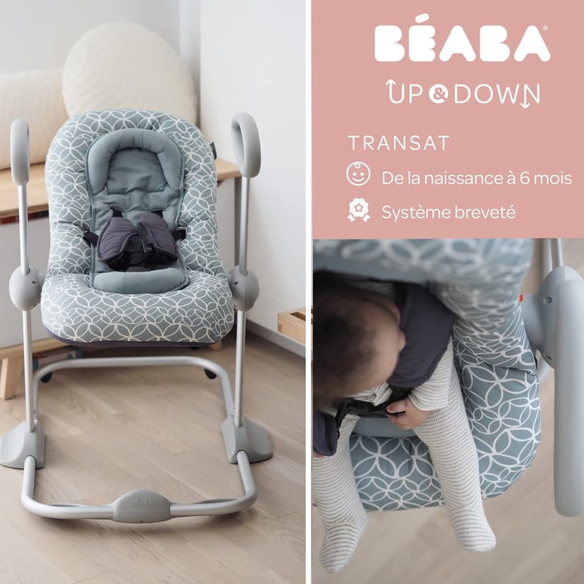 BÉABA, Transat Up & Down IV, Transat Réglable en Hauteur, Unisexe pour Bébé et Enfants, 3 Positions d'Inclinaison, Harnais Sécurité 5 Points, Réducteur de Naissance, Leaves - 2