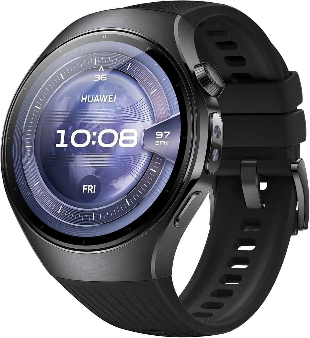 HUAWEI WATCH 5 46mm Smartwatche + Fluoroelastromer band Black, Multi-sensing X-TAP Technology, Fingertip Oxygen Saturation Measurement, For Android and iOS, Extended 6-Month Warranty, Black