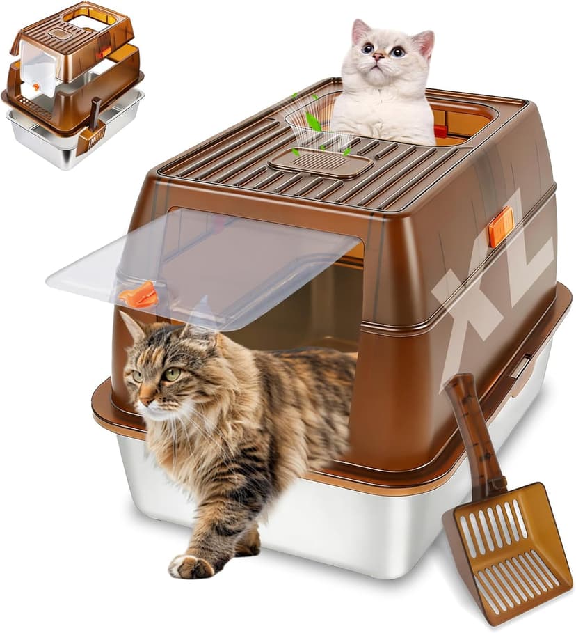 Bartuke Stainless Steel Cat Litter Box with Lid, Enclosed Litter Box for Big Cats, High Sided Metal Litter Pan with Scoop, Odors Control, Anti-Urine Leakage, Easy Cleaning (23.6''x15.8''x15.8'') - 1