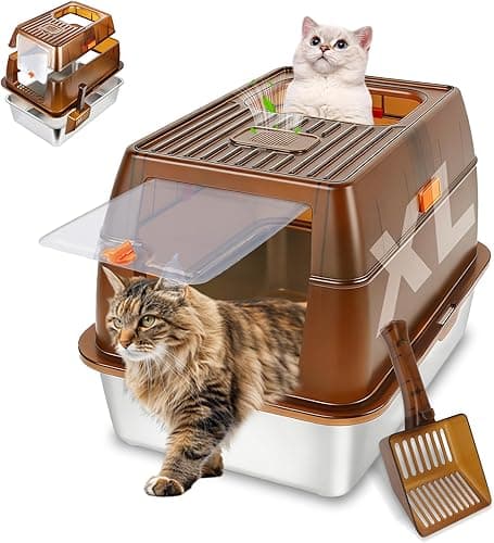 Bartuke Stainless Steel Cat Litter Box with Lid, Enclosed Litter Box for Big Cats, High Sided Metal Litter Pan with Scoop, Odors Control, Anti-Urine Leakage, Easy Cleaning (23.6''x15.8''x15.8'')