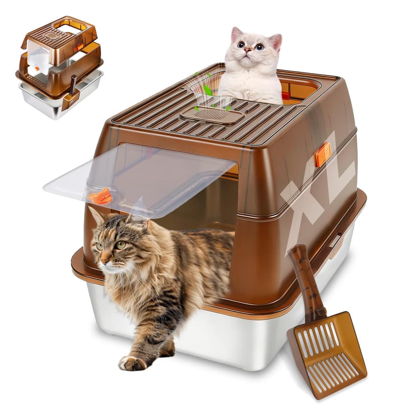 Bartuke Stainless Steel Cat Litter Box with Lid, Enclosed Litter Box for Big Cats, High Sided Metal Litter Pan with Scoop, Odors Control, Anti-Urine Leakage, Easy Cleaning (23.6''x15.8''x15.8'') - 1