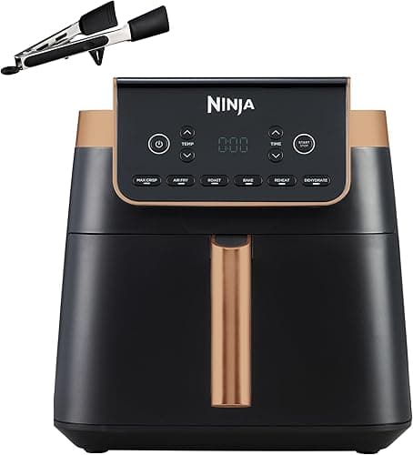 Ninja Air Fryer MAX PRO, 6,2 L, Grand tiroir, rôtir, cuire au four, frire sans huile, familial, antiadhésif, panier/plaque croustillante compatibles lave-vaisselle, pinces, noir/cuivre, AF180EUCP