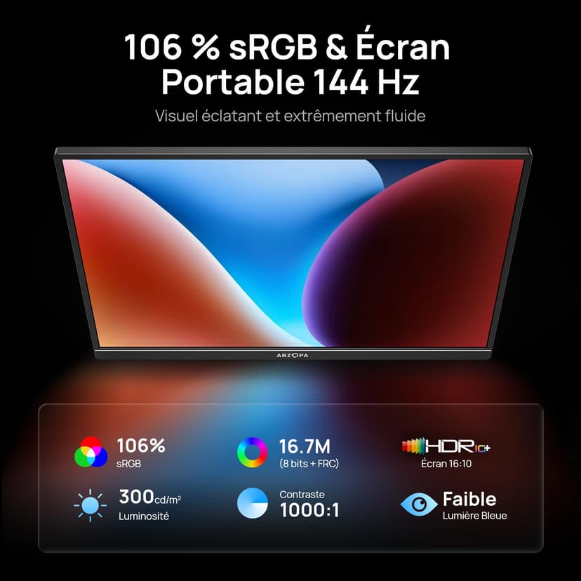 ARZOPA Écrans Portable 16,1" 144 Hz avec béquille, 106% sRGB 1920 × 1080P FHD HDR 144 Hz, Ultra Fin-Protection des Yeux-Deuxième écran Externe pour Ordinateur portable/PC/Mac/PS3/4/5/Xbox -Z1FC - 2