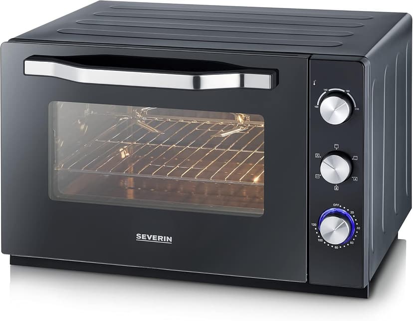 SEVERIN XXL oven with rotating heat 60 L, oven with pizza stone and spit 2,200 W simple and elegant design, electric oven with timer 120 min, black/stainless steel, TO 2073 - 1