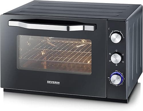 SEVERIN XXL oven with rotating heat 60 L, oven with pizza stone and spit 2,200 W simple and elegant design, electric oven with timer 120 min, black/stainless steel, TO 2073