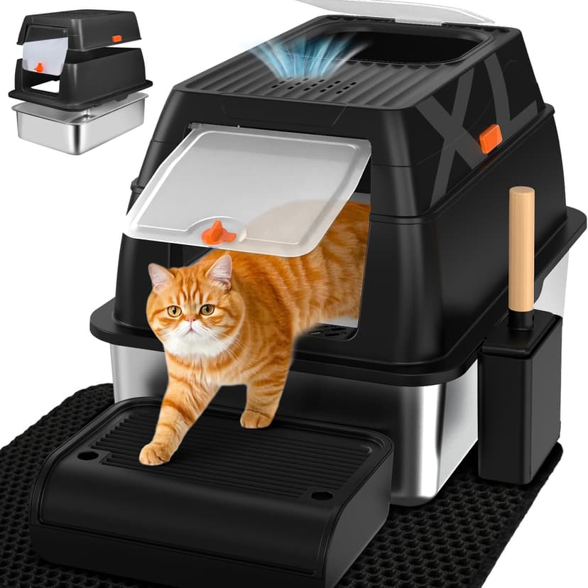 SZEETECH Bac Litiere pour Chat XL, Litière en Acier Inoxydable avec Couvercle, Bac Litiere pour Chat, Cat Litter Box, Pelle+Tapis+Marchepied- 60x40x39,5 cm (Noir) - 1