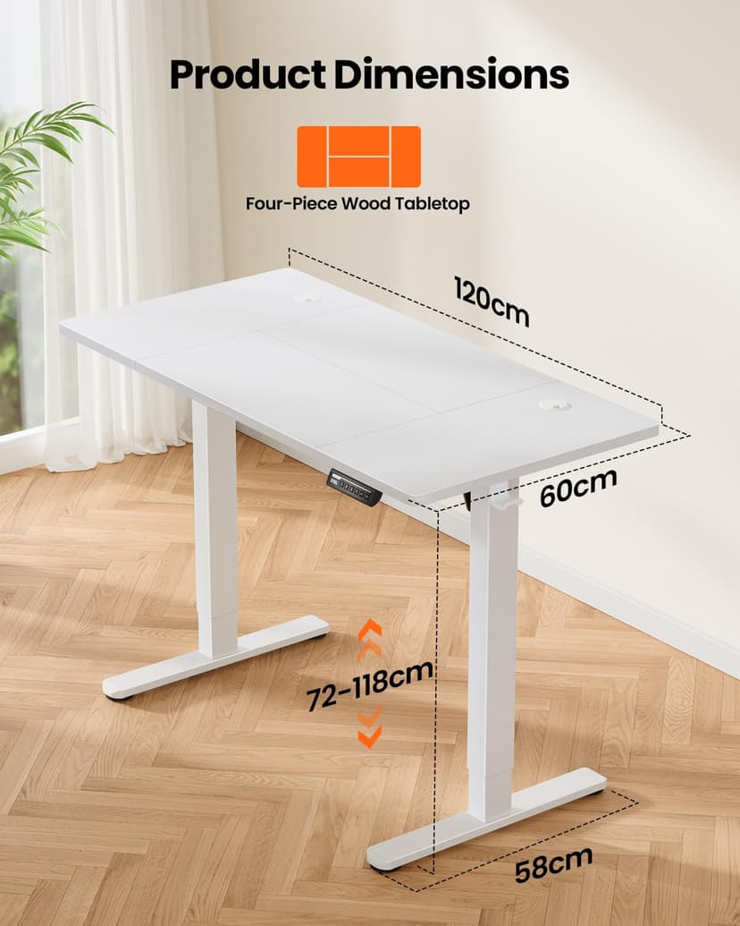 ErGear Bureau Assis Debout Electrique, Bureau Réglable en Hauteur Electrique 120 x 60 cm, Bureau Informatique avec Panneau Intelligent à 4 Mémoires, Bureau Blanc avec Plateau en Panneaux Assemblés - 6