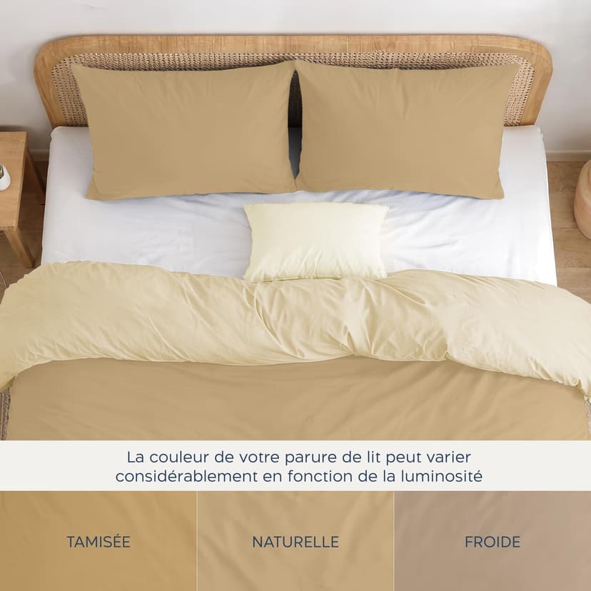 Twinzen Housse De Couette 200x200 cm Réversible, avec 2 Taie Oreiller 65x65 cm, Beige/Sable - Parure de Lit 200x200 en Microfibre - Oeko-Tex - 5