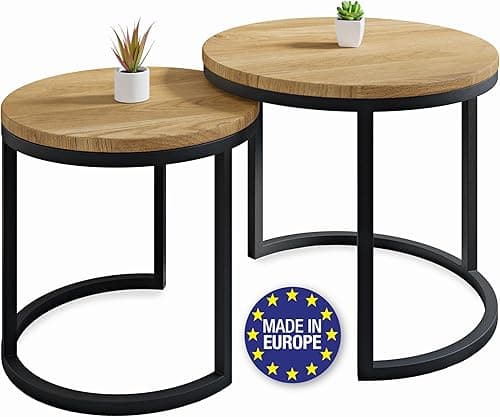 Lumarc Modena Set of 2 Modern Artisan Coffee Tables, Solid Oak Wood and Steel, Black, Round, Ø50 x 43 cm / Ø40 x 38 cm