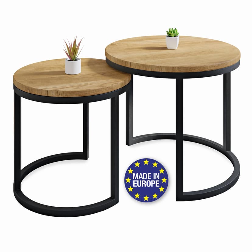 Lumarc Modena Set of 2 Modern Artisan Coffee Tables, Solid Oak Wood and Steel, Black, Round, Ø50 x 43 cm / Ø40 x 38 cm - 1