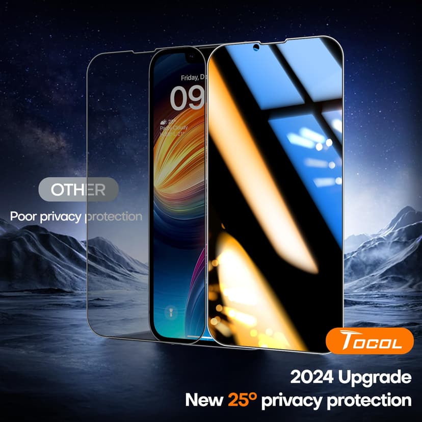 TOCOL 2 Pack for iPhone 13 Privacy Screen Protector 6.1-Inch, True 25°Anti Spy, Instant Installation, Tempered Glass, Case Friendly, HD Coverage Protection - 2