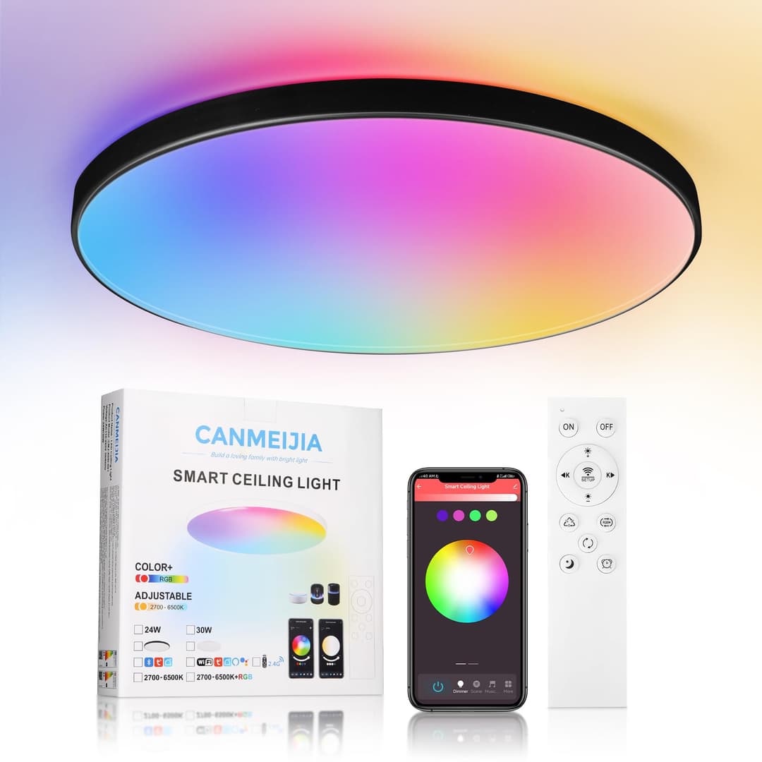 CHENBEN Plafonnier LED(Connecté Bluetooth) 24W Luminaire Plafonniers Dimmable avec Télécommande et App,RGB Couleur Lampe Plafond,IP44 Éclairage de Plafond pour Chambre,Salle de Bain,Salon,Ø32CM