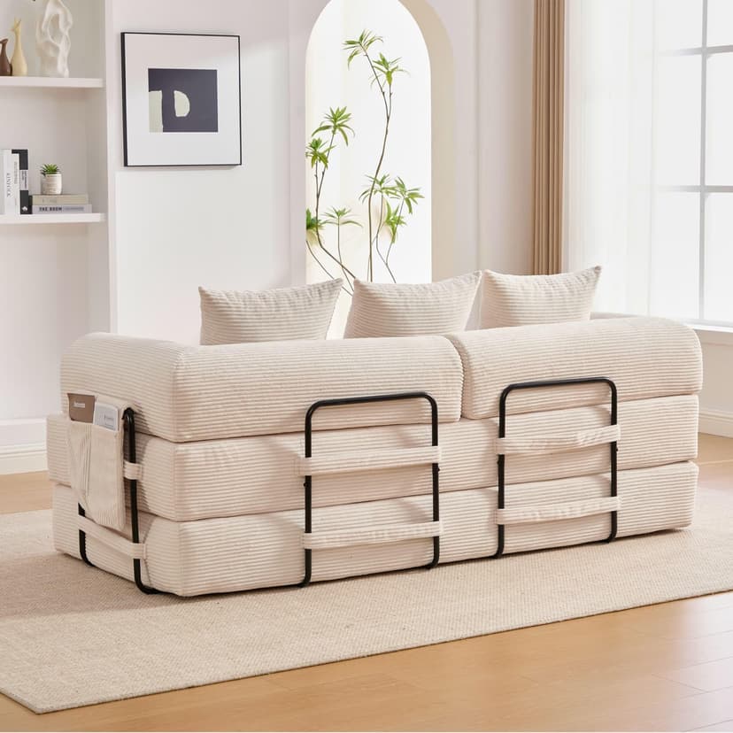2 Seater Corduroy Sofa Bed, Multifunctional Modern Convertible Sofa, Side Pockets and 3 Cushions, DIY Free, for Living Room, Bedroom, Office (Beige-L) - 5