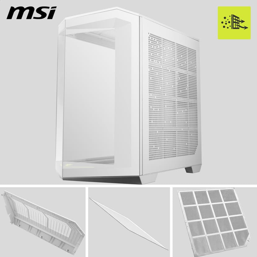 MSI MAG PANO 100L PZ WHITE ATX PC Case - ATX Capacity, Verical GPU Installation Bracket, GPU Holder, Dust Filters, Swinging Storage Bracket, Dual-chamber, USB 20Gbps Type-C - 3