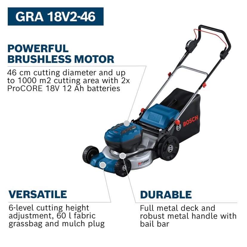 Bosch Professional 18V System Cordless Lawnmower GRA 18V2-46 (Cutting Width: 46 cm, 6-Level Cutting Height Adjustment, 60 Litre Fabric grassbag, incl. 2 x Isolator Key, Mulch Plug) - 3