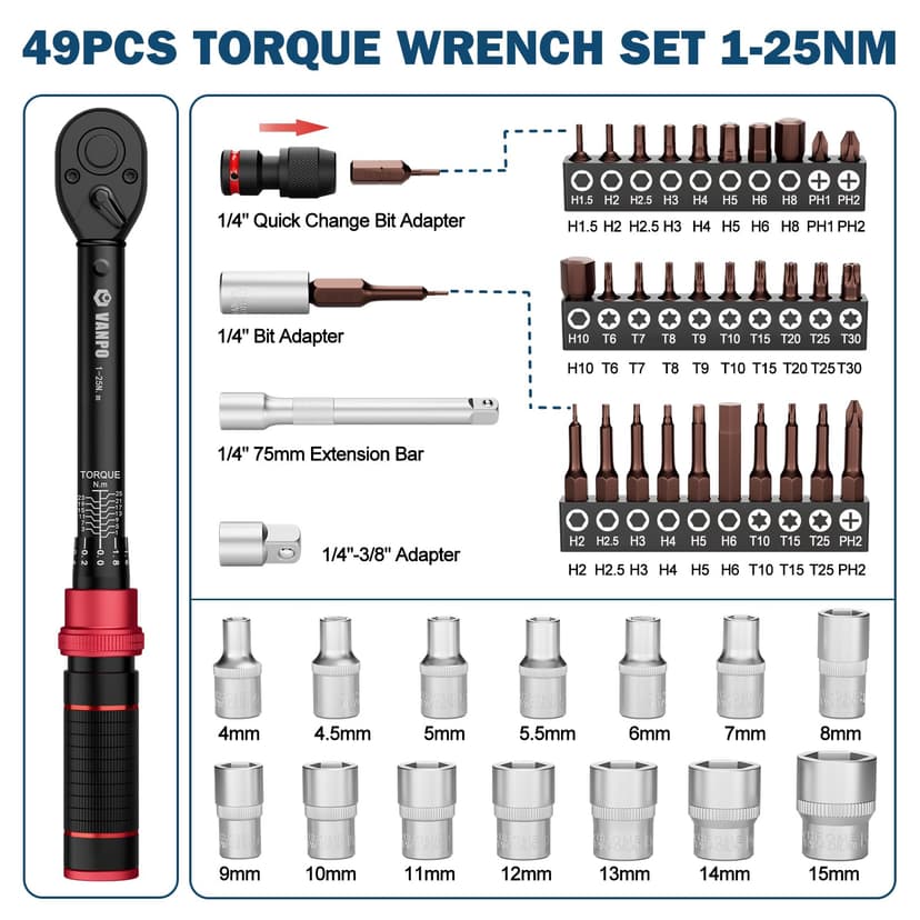 VANPO Torque Wrench 1/4 inch, 3-25 Nm, 49-Piece Set with Sockets, Extension Rod, Adapters - 2