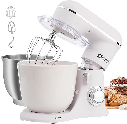 Kitchen in the box Pastry Processor, 4.5L+5L 2 Bowls Kitchen Robots, 10 Speeds Electric Kitchen Mixer, 1300 W Professional Mixer with Whisk, Beater, Hook (White)