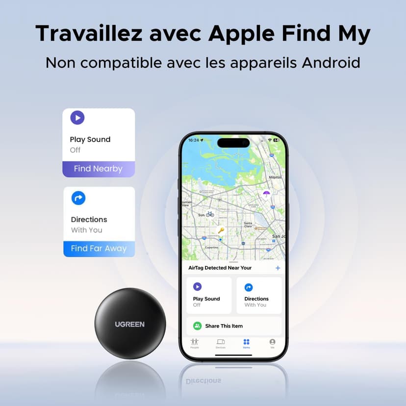 UGREEN FineTrack Mini 2 Pcak Compatible with Apple Find My (iOS only), Tracker Tag with 18-Month Replaceable Battery, 80dB Volume, Bluetooth Finder for Keys, Wallet, Luggage (Includes 2 Tag Holders) - 2