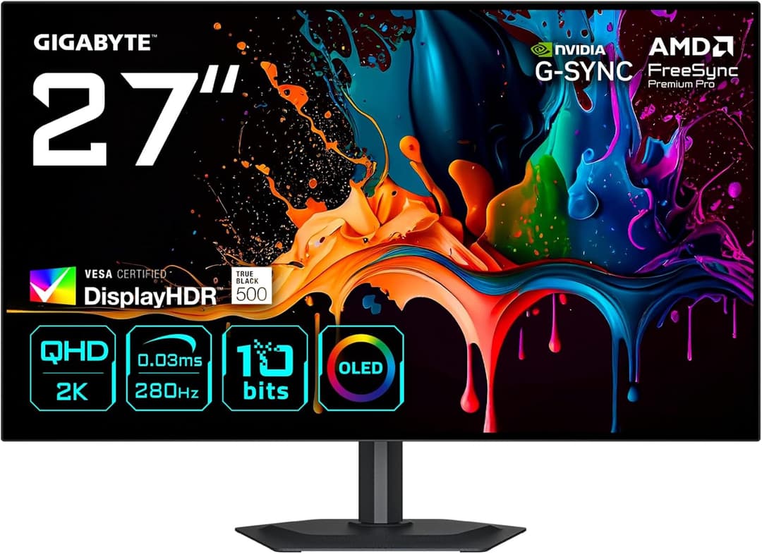 Gigabyte MO27Q28G 27" W-OLED QHD Gaming Monitor - 2560 x 1440, 280Hz, 0.03ms, 335 cd/m², Display HDR True Black 500, HDMI 2.1, DisplayPort 1.4