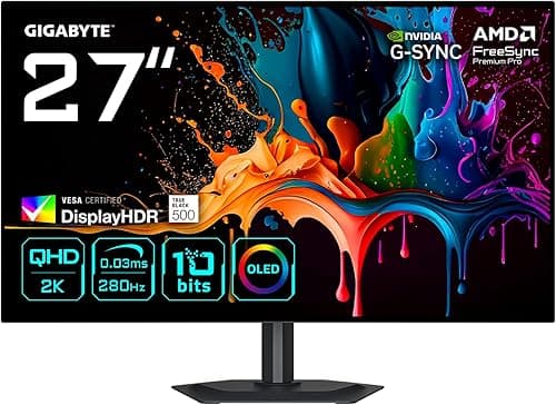 Gigabyte MO27Q28G 27" W-OLED QHD Gaming Monitor - 2560 x 1440, 280Hz, 0.03ms, 335 cd/m², Display HDR True Black 500, HDMI 2.1, DisplayPort 1.4
