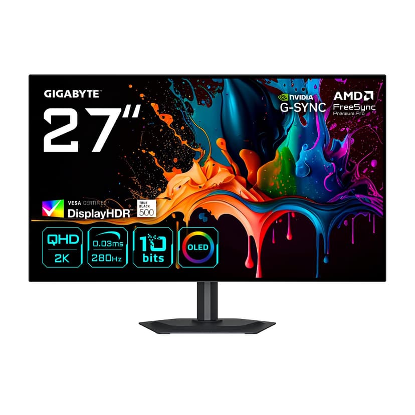 Gigabyte MO27Q28G 27" W-OLED QHD Gaming Monitor - 2560 x 1440, 280Hz, 0.03ms, 335 cd/m², Display HDR True Black 500, HDMI 2.1, DisplayPort 1.4 - 1