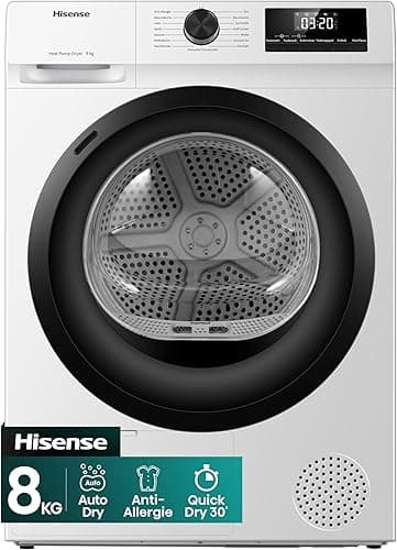 Hisense DHQE800BW2 Sèche-linge, 8 kg, classe D, largeur 60 cm, 16 programmes, séchage automatique, séchage rapide, séchage anti-rides, pompe à chaleur, séchage Ion Refresh, blanc