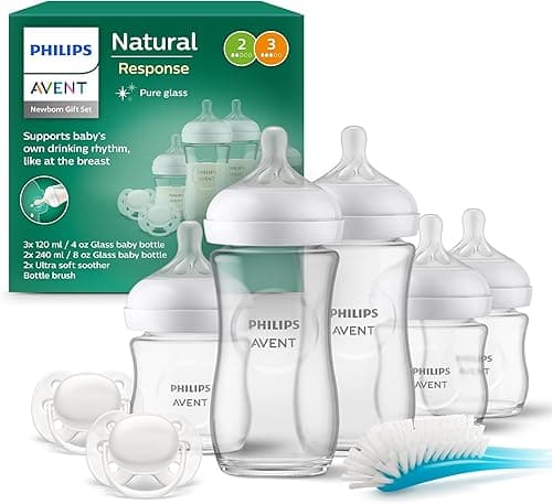 Philips Avent Natural Response Newborn Glass Gift Set - 5 x Baby Bottles, 2 x Philips Avent Ultra Soft Soother 0-6 Months, Bottle Brush, BPA Free (Model SCD879/11)