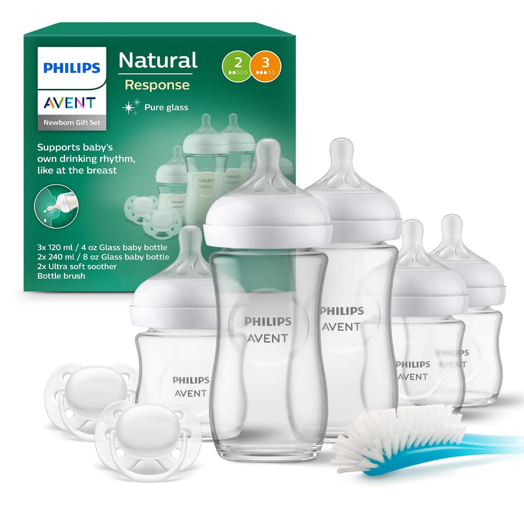 Philips Avent Kit biberons en verre Natural Response pour nouveau-né - 5 biberons, 2 sucettes Ultra Soft 0-6 mois, goupillon, sans BPA (modèle SCD879/11)