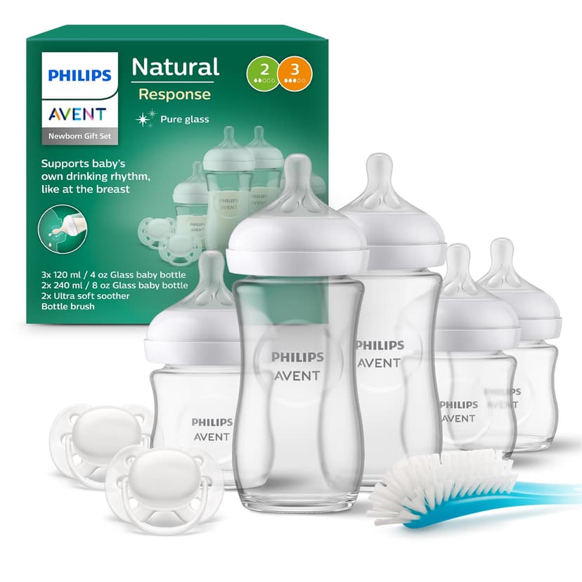 Philips Avent Natural Response Newborn Glass Gift Set - 5 x Baby Bottles, 2 x Philips Avent Ultra Soft Soother 0-6 Months, Bottle Brush, BPA Free (Model SCD879/11) - 1