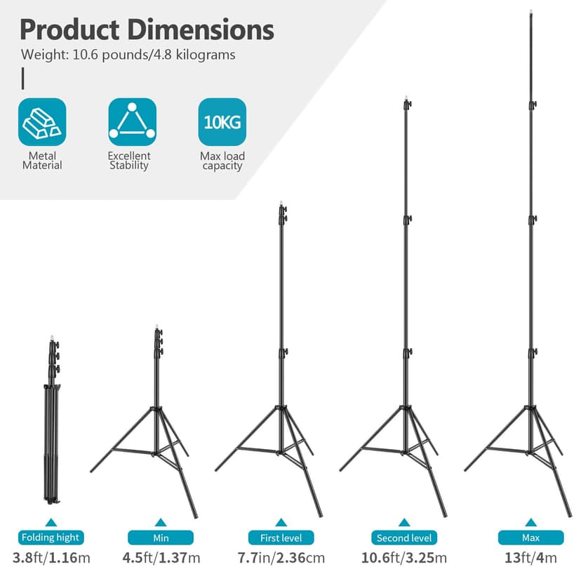 Neewer Heavy Duty Light Stand, Metal 13ft/4m Adjustable Photography Tripod C Stand with Spring Cushion 1/4" Screw for Studio LED Continuous Light Background Flash Strobe, Max Load: 22lb/10kg, Black - 2