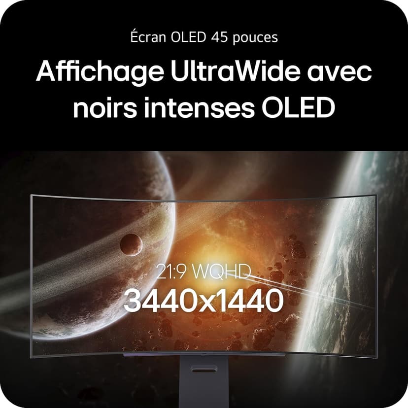 LG UltraGear™ 45GX90SA-B Curved Gaming Screen 45" - OLED Panel WQHD (3440x1440), 0.03ms GtG 240Hz, DisplayHDR™ TrueBlack 400, DCI-P3 98.5% (CIE1976), AMD FreeSync Premium, NVIDIA G-Sync - 3