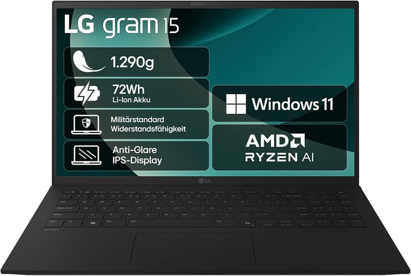 LG gram 15 15Z80T-G.AU75G (15,6 Zoll) IPS Notebook, AMD Ryzen™ AI 7 350, 16GB RAM, 512GB SSD, AMD Radeon™ 860M, federleicht (1,290 kg), 72 Wh, Schwarz - 1