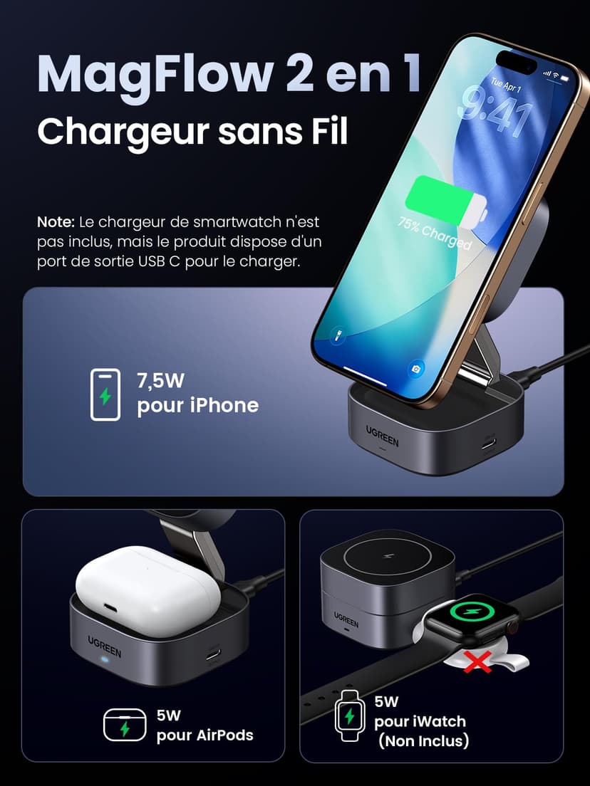 UGREEN MagFlow for MagSafe Charger Qi certified, 2-in-1 Wireless Charger Stand, Magnetic Charging Station, Compatible with iPhone Air/17/16/15/15 Plus/15 Pro/15 Pro Max/14/13/12, AirPods 4/3/2/Pro 3/2 - 2
