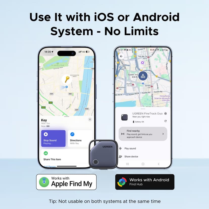 UGREEN FineTrack Duo (4 Pack) for iOS & Android, USB-C Rechargeable Tracker Compatible with Apple Find My and Google Find Hub, Keys Finder and Item Locator for Wallet, Backpack, Luggage and More - 8