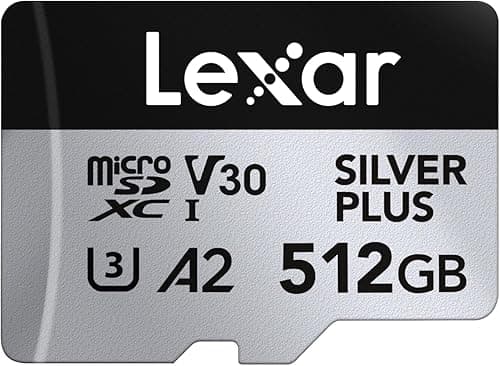 Lexar Silver Plus Carte Micro SD 512 Go, Vitesse de Lecture jusqu'à 205 Mo/s, Vitesse d'écriture 150 Mo/s, Carte mémoire Micro SD avec Adaptateur SD, UHS-I, A2, U3, V30, Classe 10, 4K UHD microSDXC