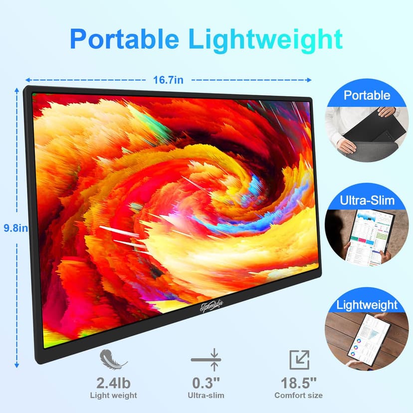 Tpsmtdis Écran Portable 18,5 Pouces, Moniteur de Jeu pour Ordinateur avec 120Hz, de Voyage,300 Nits Plug & Play, avec Double Haut - Parleurs. Écran Externe pour PC, Tablette, Mac, Xbox, PS3/4/5 - 4