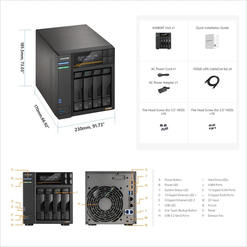 Asustor Lockerstor 4 Gen3 AS6804T, 4 Bay NAS Network Storage, AMD Ryzen Quad-Core 2.3 GHz, 16GB RAM ECC DDR5, 4 M.2 NVMe Slots, Dual 5GbE & Dual 10GbE Port, USB 4.0 Type-C, Network Attached Storage - 3