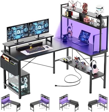 iSunirm L Shaped Gaming Desk with Power Outlets & LED Lig…