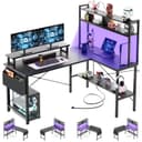 iSunirm L Shaped Gaming Desk with Power Outlets & LED Lights, Small L- Shaped Computer Corner Desk with Monitor Stand & Storage Shelf, Gaming Table with Storage Bag, Black - 1