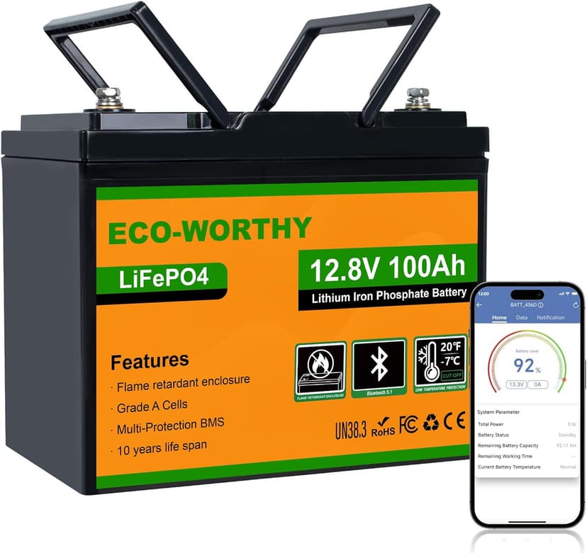 Eco-Worthy LiFePO4 100Ah Bluetooth, Lithium Battery 12V 100Ah with BMS Low Temperature Protection and Max. 15000 Cycles, 1280Wh Car Battery for RV, Boat, Solar Panel - 1