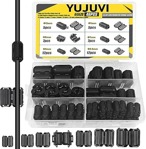 YUJUVI Ferrite Core Set Folding Ferrite Interference Filter 48 Pieces EMI Filter Cable Clip 6 Value Ferrite Cores Cable Clip Set for Cable RFI, EMI, USB, 3 mm, 5 mm, 7 mm, 9 mm, 13 mm, with Storage