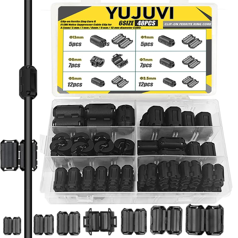 YUJUVI Ferrite Core Set Folding Ferrite Interference Filter 48 Pieces EMI Filter Cable Clip 6 Value Ferrite Cores Cable Clip Set for Cable RFI, EMI, USB, 3 mm, 5 mm, 7 mm, 9 mm, 13 mm, with Storage - 1