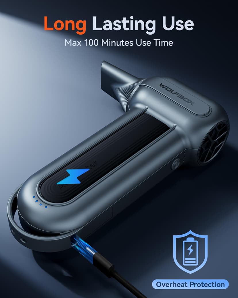 WOLFBOX MF100 Compressed Air Duster-150000RPM Super Power Cordless Air Duster, Rechargeable Brushless Motor Durable Blower, 3-Gear Adjustable Dust Blower for Computer, Keyboard, Outdoor, House and Car - 8