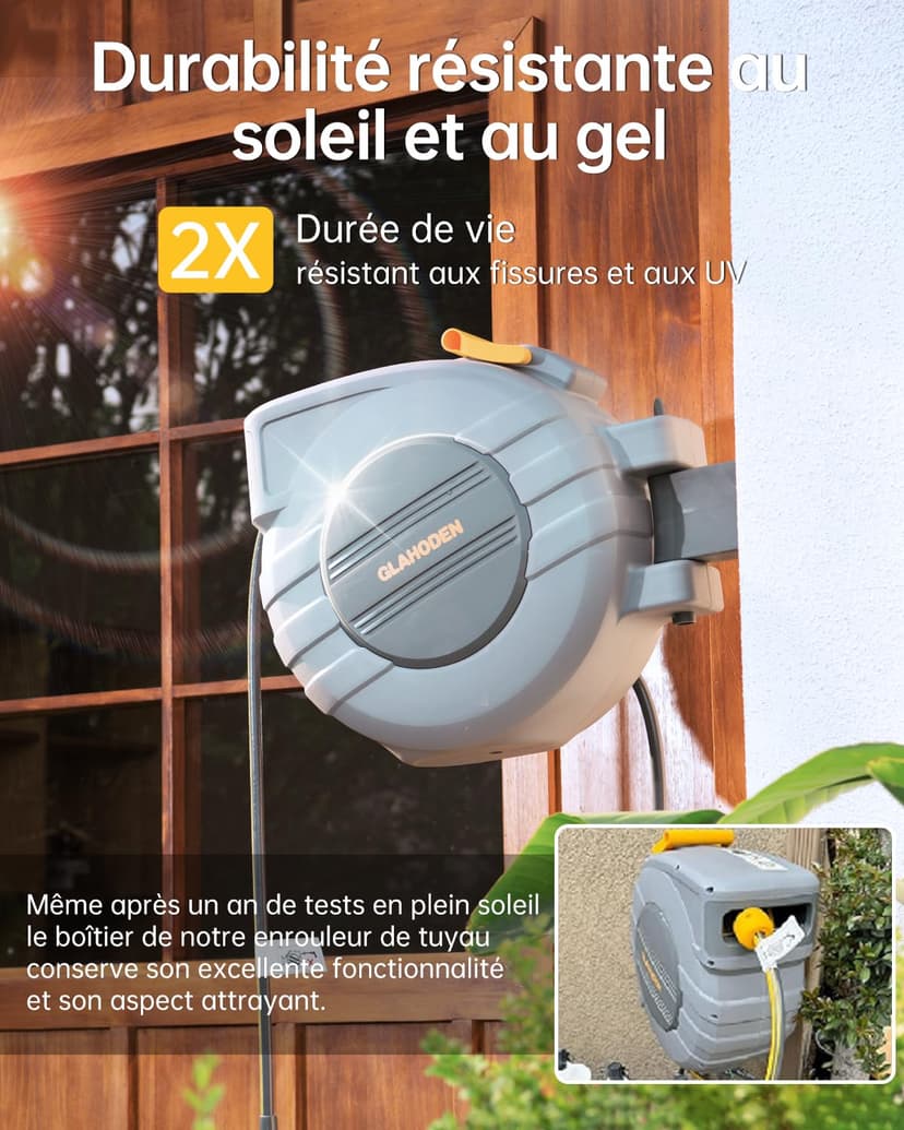GLAHODEN Retractable Garden Hose Reel 1/2 in x 140 ft, 2025 Upgraded Dual Ratchet Lock UV & Freeze Protection Brass Seal Slow Retraction Anti-Tangle Hose 180°Swivel Reinforced Scaffold Wall Mount - 3